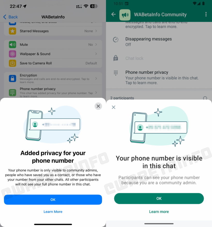 WhatsApp phone number privacy prompt