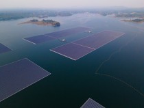 Aerial view of Floating solar farm in the dam in Ubon Ratchathani, Thailand
