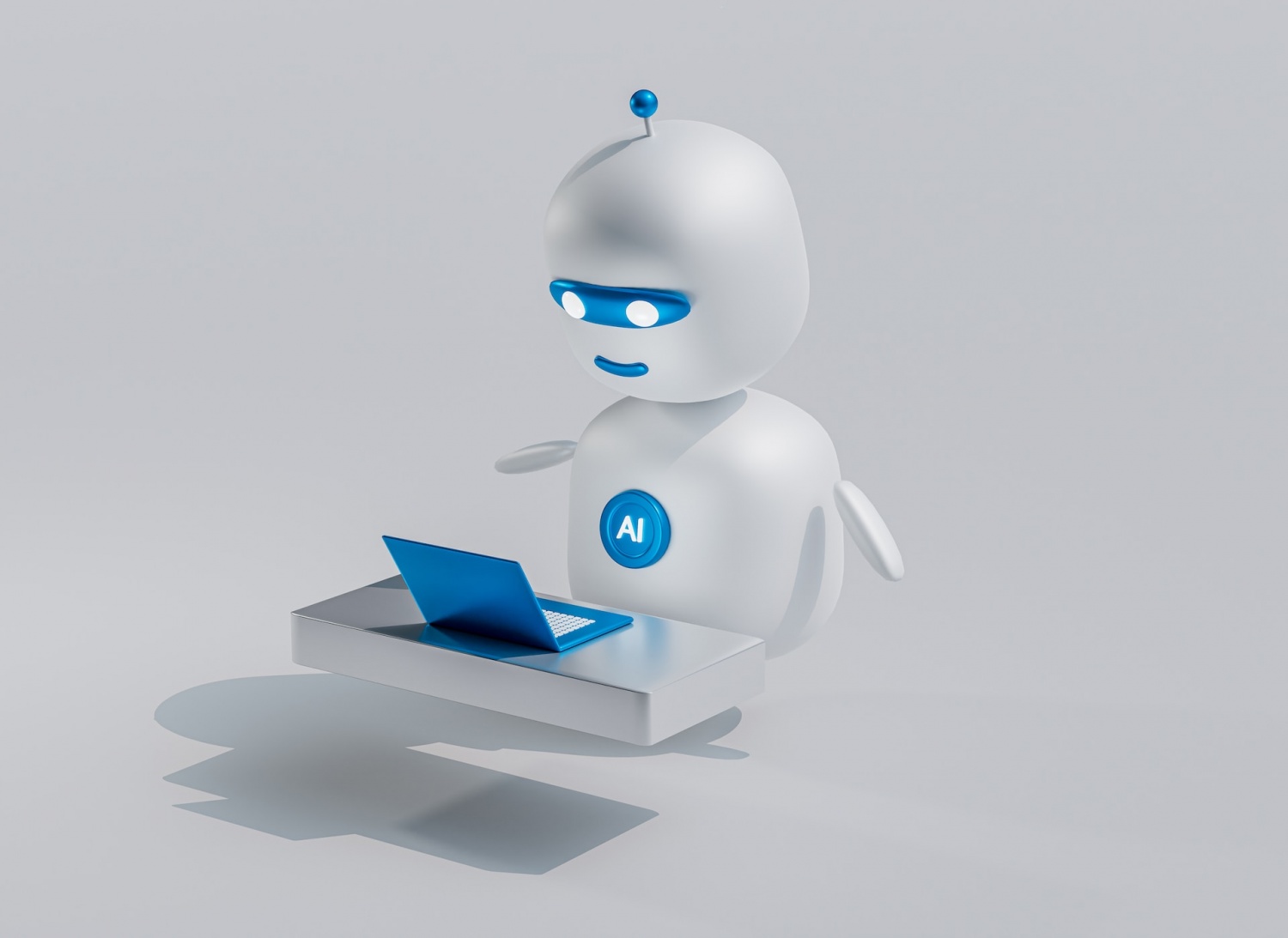 A white bot robot with blue eyes and a laptop