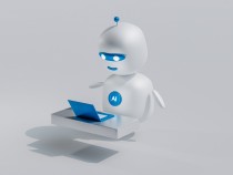 A white bot robot with blue eyes and a laptop