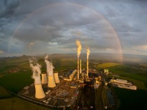 Power plant, chimney, rainbow