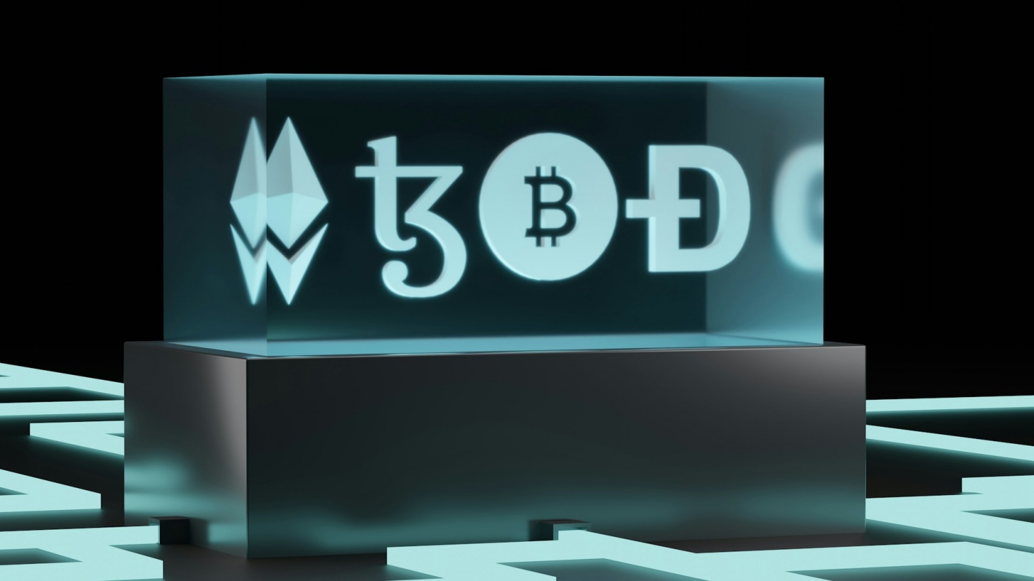 3D illustration of Tezos coin, bitcoin, Ehtereum, and dogecoin.