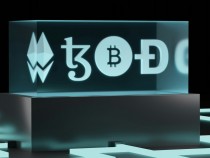 3D illustration of Tezos coin, bitcoin, Ehtereum, and dogecoin.