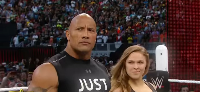 WWe The Rock Ronda Rousey Interrupts & Destroys Triple H & Stephanie McMahon Wrestlemania 31 2015
