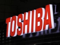 A view shows Toshiba Corp's logo at the fourth International Photovoltaic Power Generation (PV) Expo in Tokyo.
