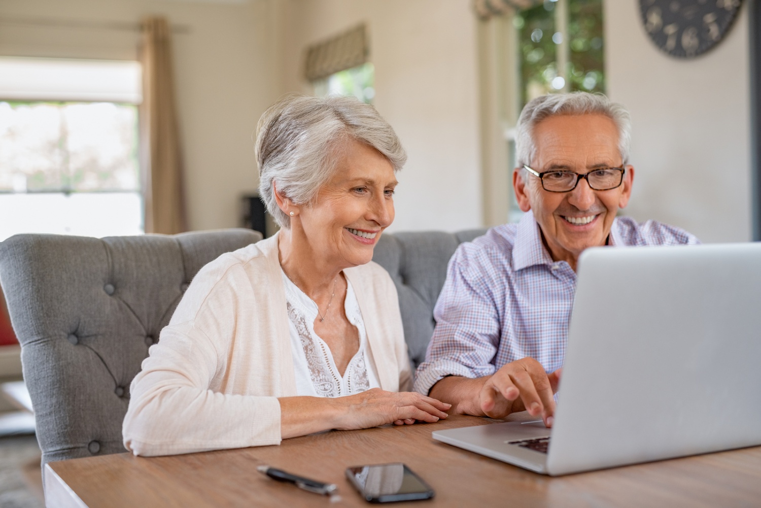 Happy smiling retired couple using laptop at home