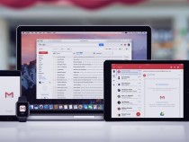 Google Gmail page on the Apple MacBook Pro, Gmail app on iPad Pro, Gmail splash screen with logo on iPhone 7 and notification icon on Apple Watch. Office desk concept.