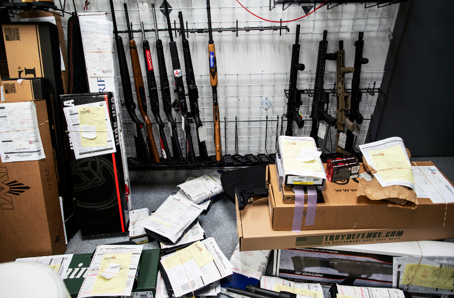 Guns ready to be shipped to customers are displayed at Shore Shot Pistol Range gun shop, amid fears of the global growth of coronavirus disease (COVID-19) cases, in Lakewood Township