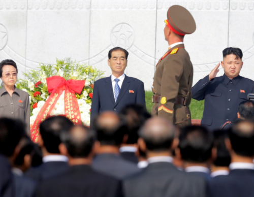 FILE PHOTO: North Korean leader Kim Jong Un salutes as an honour guard march past as he and his aunt Kim Kyong Hui, Premier Pak Pong Ju attend the opening ceremony of the Cemetery of Fallen Fighters of the Korean People's Army (KPA) in Pyongyang