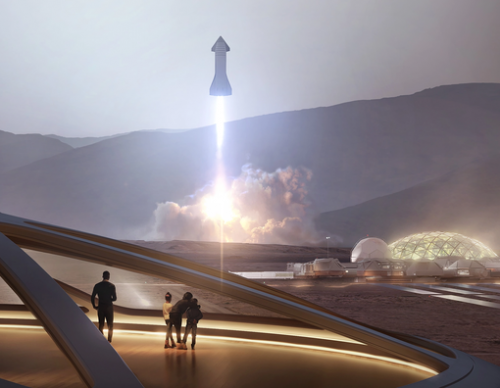 Artist rendering of the Starship taking off from Mars