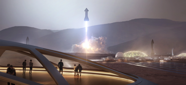 Artist rendering of the Starship taking off from Mars