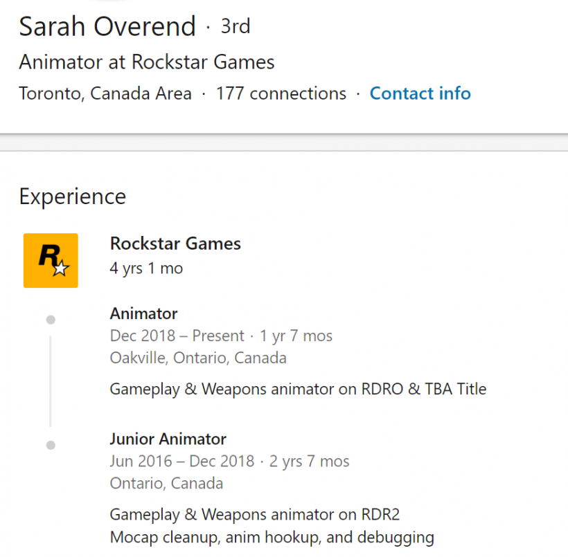 Sarah Overend's LinkedIn profile's Experience section