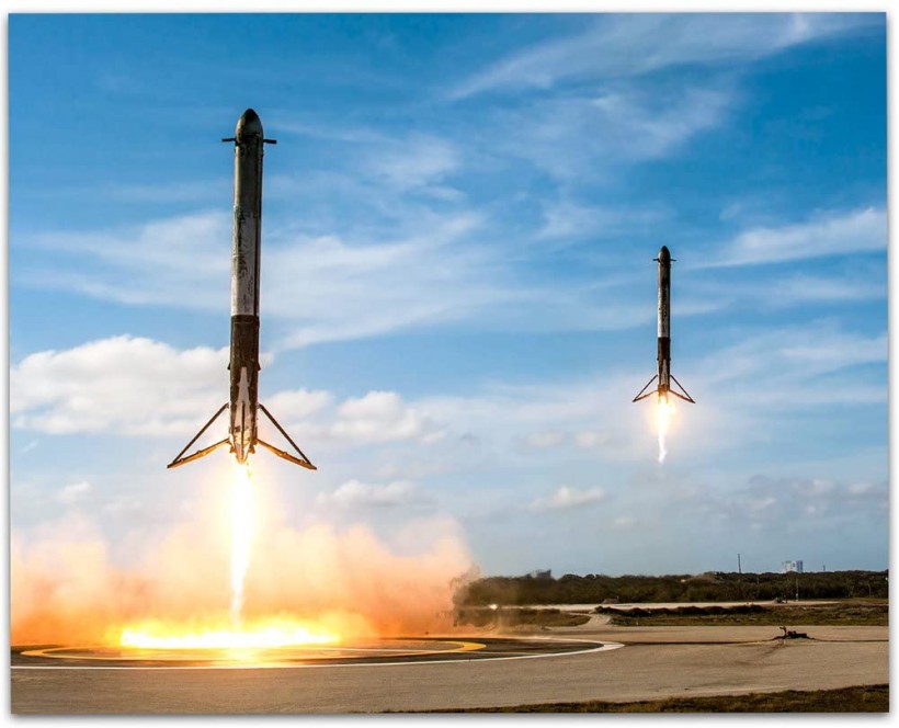  Lone Star Art SpaceX Falcon Heavy Boosters Landing - 11x14 Unframed Print - Great Gift Under $10 for Space Fans, Astronomers, and Astronauts